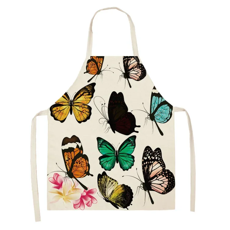 Butterfly Flowers Linen Kitchen Apron for Woman Dress Kawaii Kids Cartoon Pink Garden Aprons Cooking Accessories Home Decor