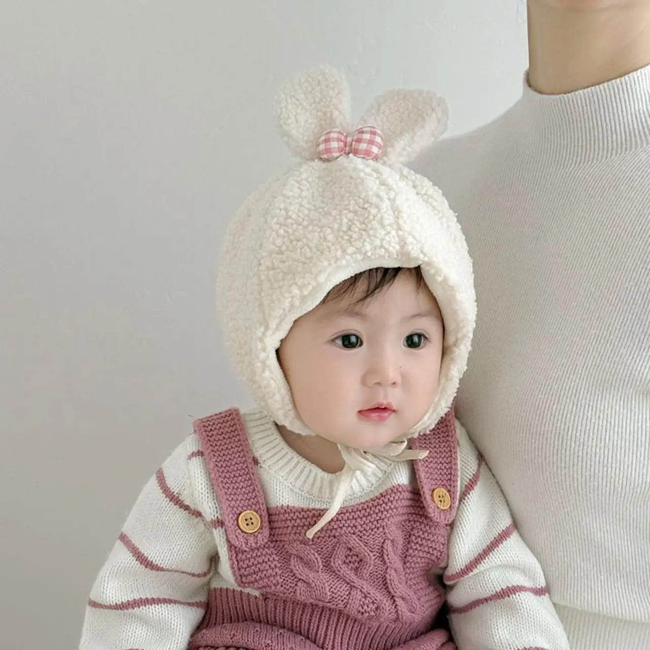 

Cute Rabbit Bow Baby Hat Winter Warm Soft Thicken Ear Protection Lamb Fleece Lacing Cap Infant Newborn Windproof Solid Color Hat