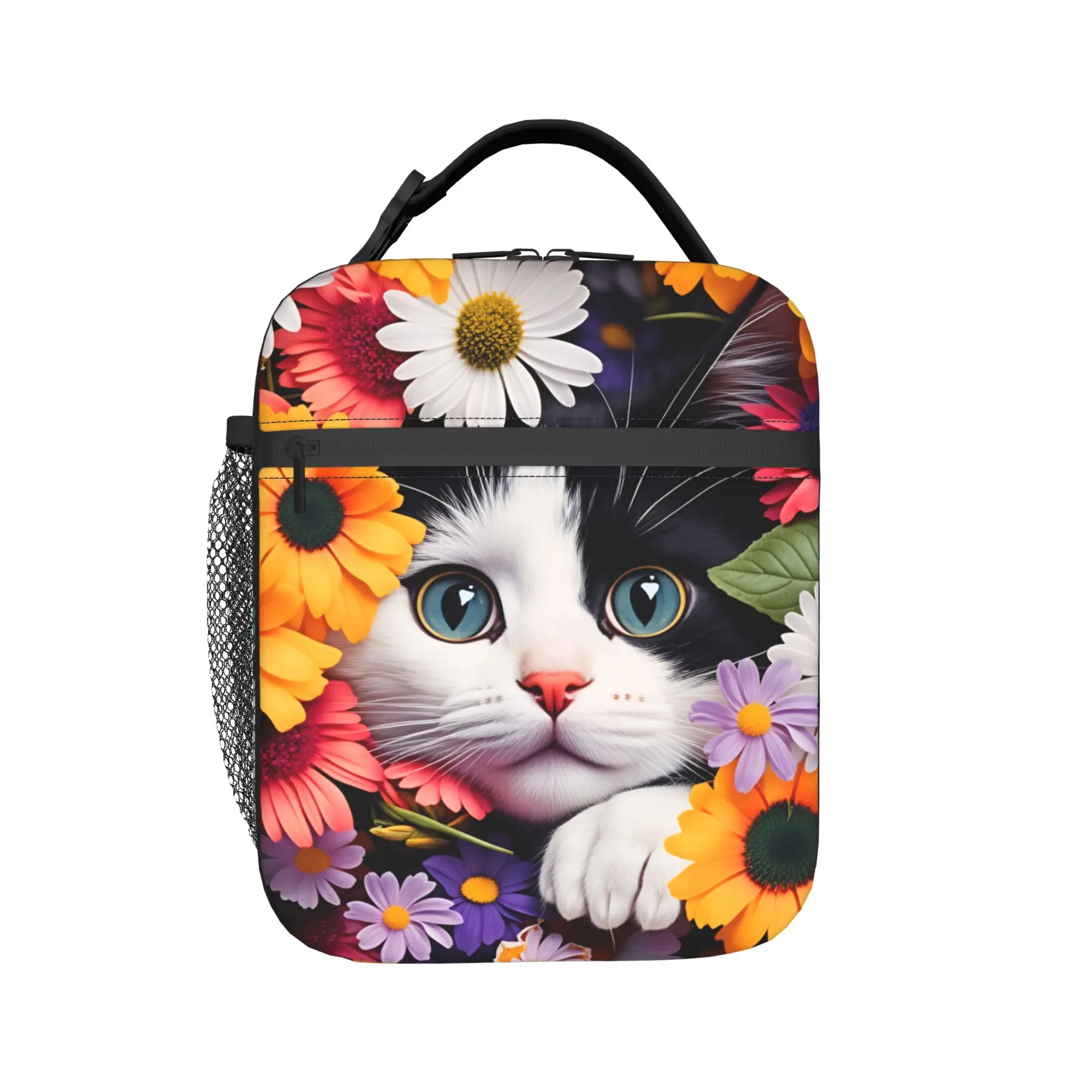Kawaii Sunflower Black & White Cat Peeking Lunch Bag For Women  Print Lunch Box Cooler Bag Portable Zipper Thermal Tote Handbags