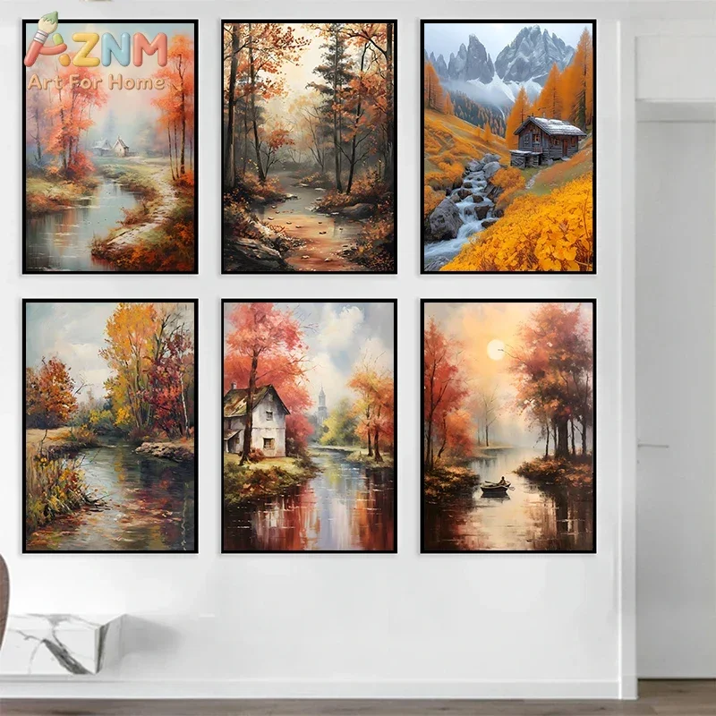 AZNM Frameless Canvas Wall Art, Vintage Oil Painting Autumn Forest River Cottage Mountain Scenery Print Poster, Warm Fall Landsc