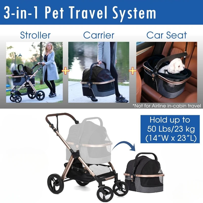 3-in-1 Luxury Dog/Cat Stroller with Detach Carrier/Pump-Free Rubber Tires/Aluminum Frame/Reversible Handle for Medium