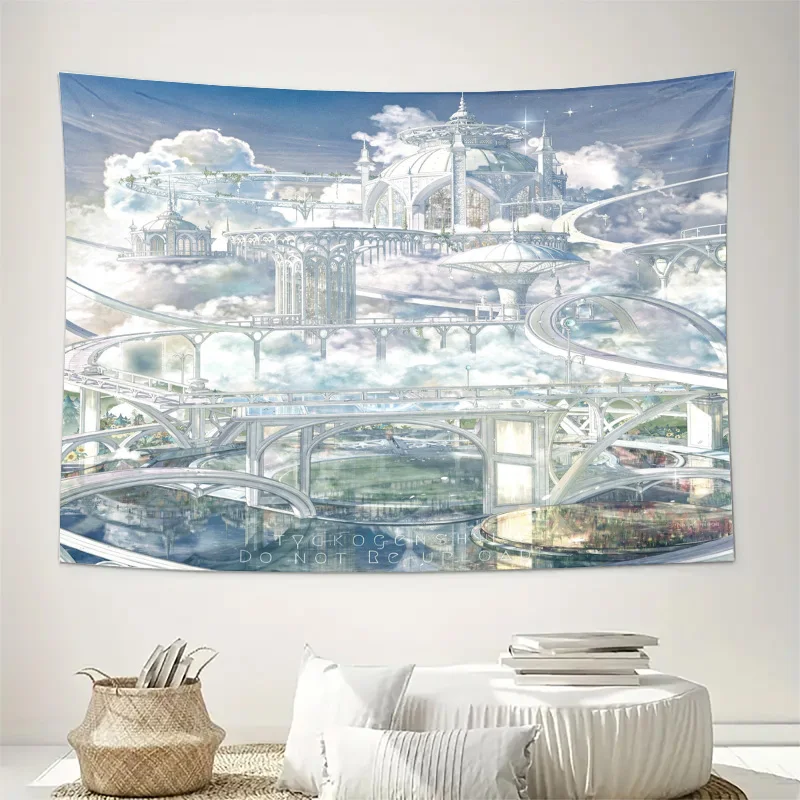Vintage Steampunk Industrial Cityscape Tapestry Blue Train Station Retro Fantasy Wall Hanging Home Decor Art