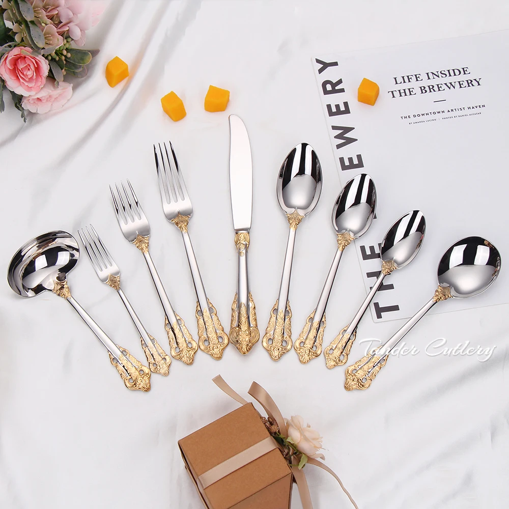 1 Pieces Luxury Gold Plated Cutlery Set Vintage Western Stainless Steel Tableware Wedding Engraving Dinnerware Knife Fork Spoon