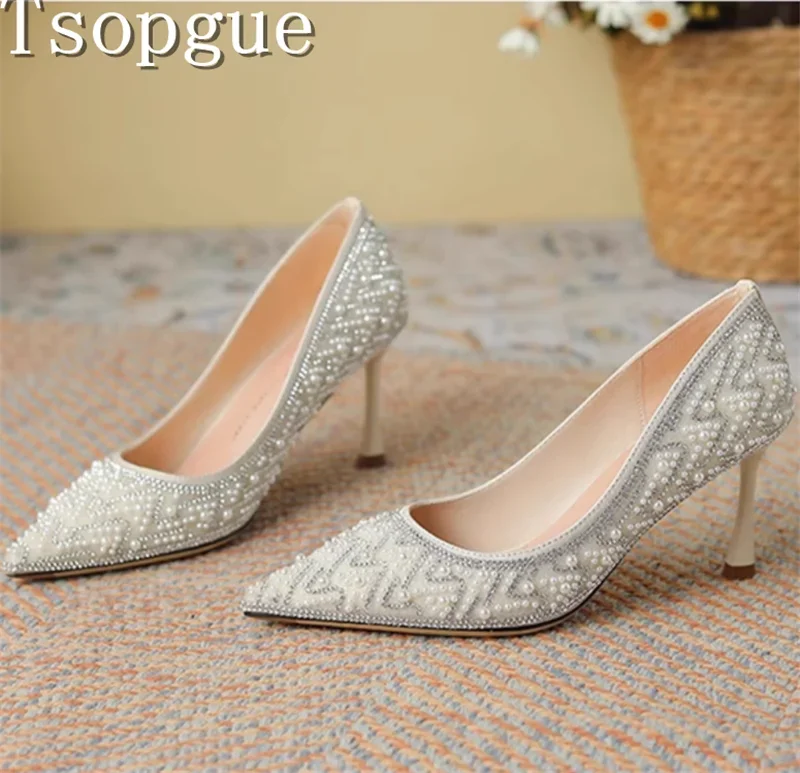 

Luxury Pearl Rhinestones String Bead Pumps Women Brand Design High Heel Shoes Bridesmaid Bride Exquisite Wedding Shoes