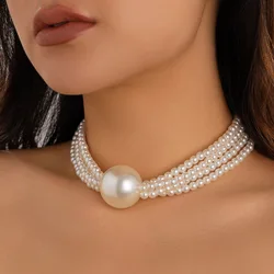 Retro Large Imitation Pearl Pendant Necklace 2024 Women's Multi Layer Stacking Simple Sweet Bead Girl Fashion Birthday Jewelry