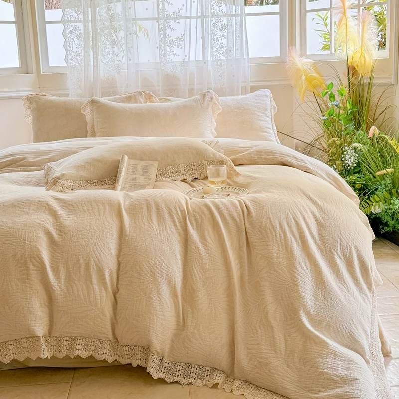 20% Linen + 80% Cotton French Style Hollow Lace Ruffles Bedding Set Queen King Size Duvet Cover Set Bed Sheet Pillowcases 4Pcs