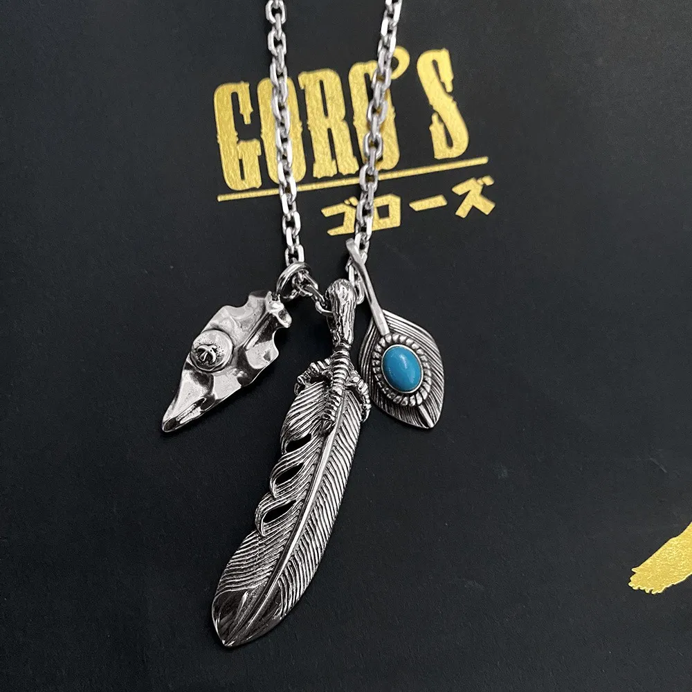 25SS new top quality goro's vintage thai silver chicken claw feathers dead leaves leaves with turquoise couple necklace