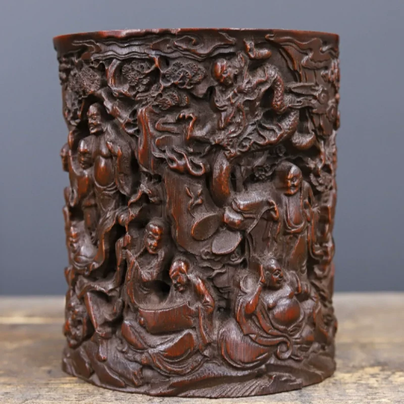

Antiques Collection Bamboo Carving eighteen Arhat Relief pen holder Brush Pot Home Study Desktop Decoration Stationery Supplies