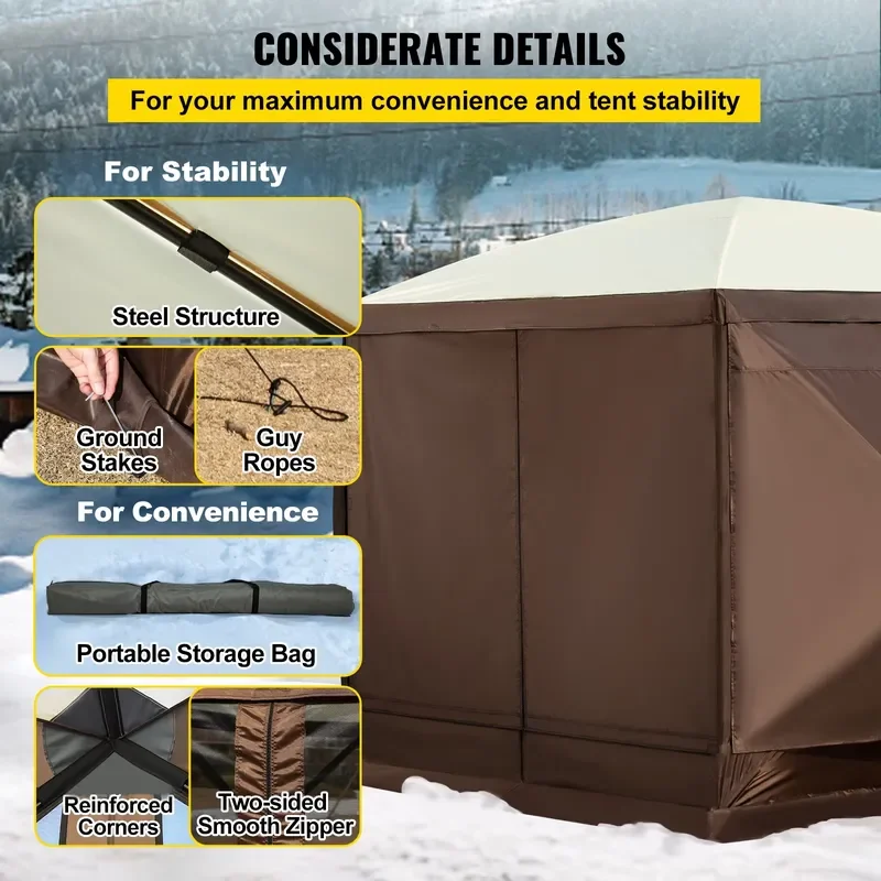 Modern Durable Camping Gazebo Tent 6-Sided Pop-Up Waterproof Shelter Portable Storage Bag Ground Outdoor Furniture