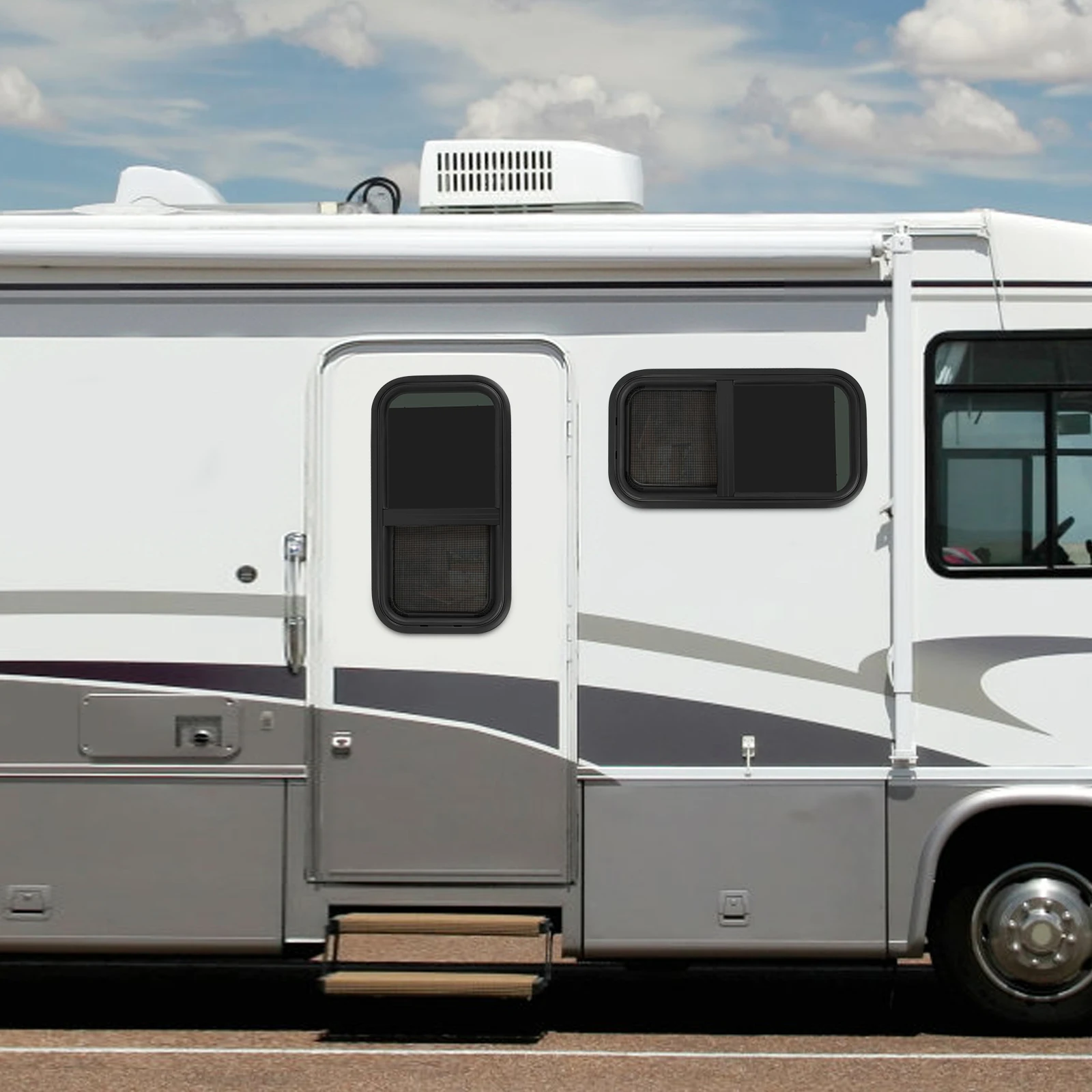نافذة RV عمودية مقاس 12 × 24 بوصة مع شاشة حشرات وفتحة تصريف لتحسين الضوء الطبيعي والحماية من الطقس أثناء رحلات الطرق