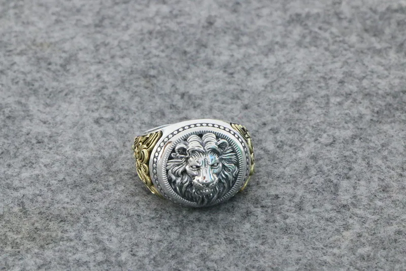 European and American S925 Silver Vintage Crown Lion King Ring Male Handsome Sterling Silver Cross Male Lion Head Opening Adjust