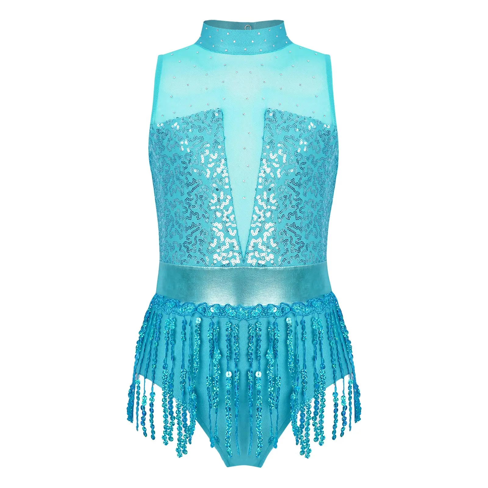 

New Line Dance Costume Girls Sparkly Sequin Tassels Latin Dance Leotard Sleeveless Keyhole Back Patchwork Fringed Dance Bodysuit