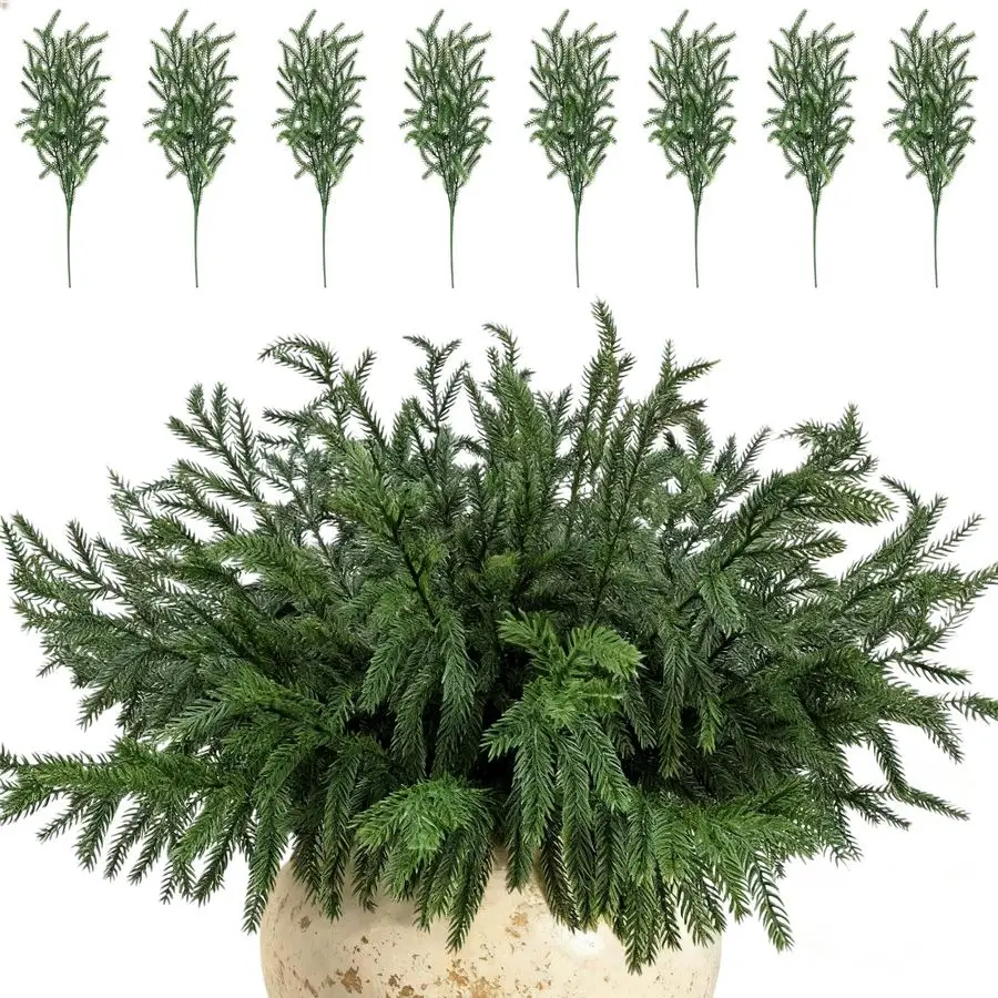 

24 Pcs Christmas Norfolk Pine Branches, Artificial Pine Christmas Stems Real Touch Faux Greenery Pine Picks for Vase DIY Garland