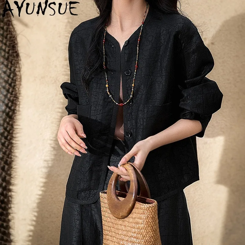 AYUNSUE Xiangyunsha Silk Women's Matching Sets Chinese Style Black Coat Casual Long Pants Woman Clothes High Quality Ropa Mujer