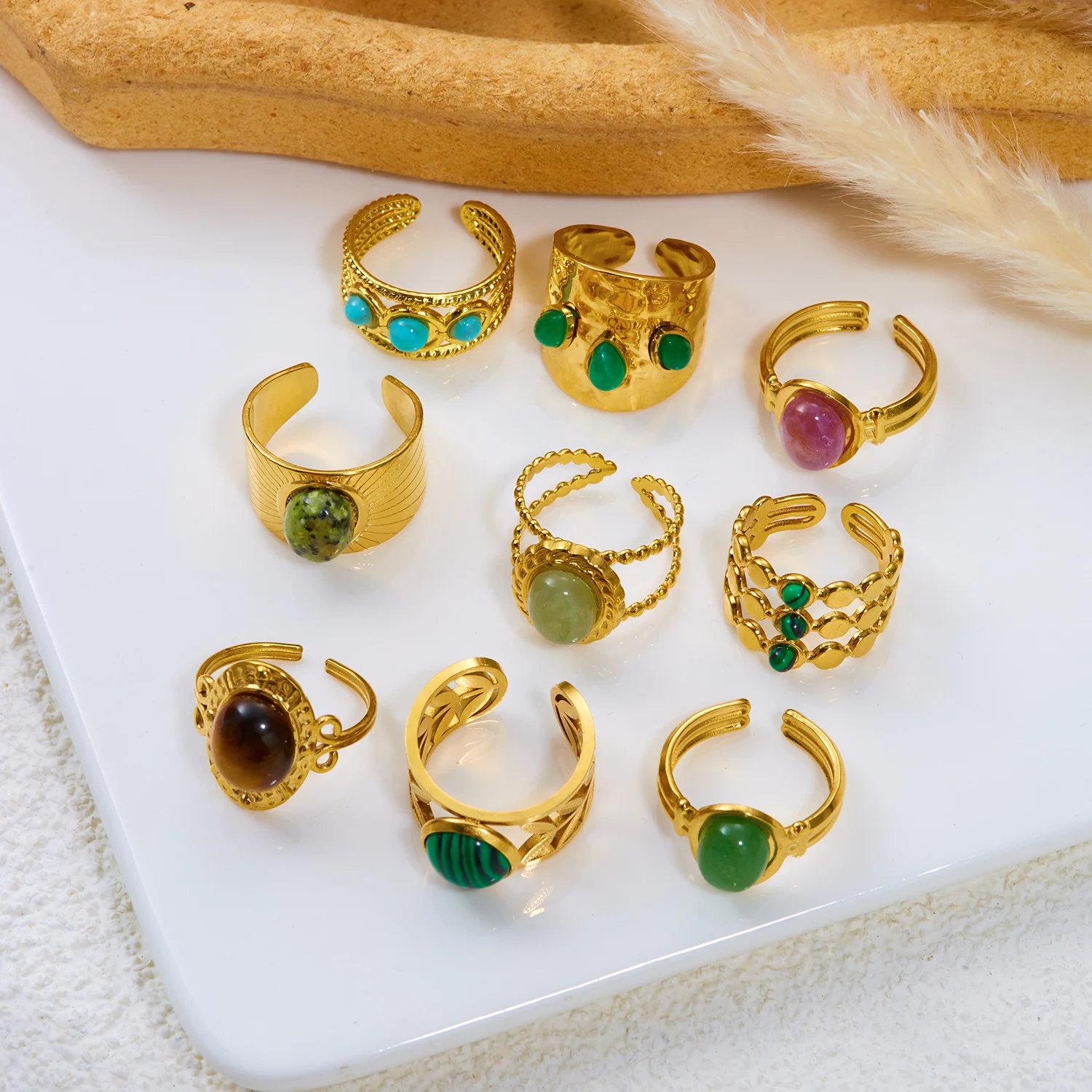 Vintage Naturstein Edelstahl-Ringe für Damen und Herren Trendige Vergoldete Hohle Geometrische Ringe Finger-Accessoires Schmuck – Detail 5