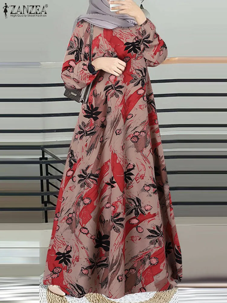 ZANZEA Vintage Muslim Abaya Turkey Hijab Sundress Robe Femme Long Sleeve Floral Printed Maxi Long Dress Kaftan Islamic Clothing