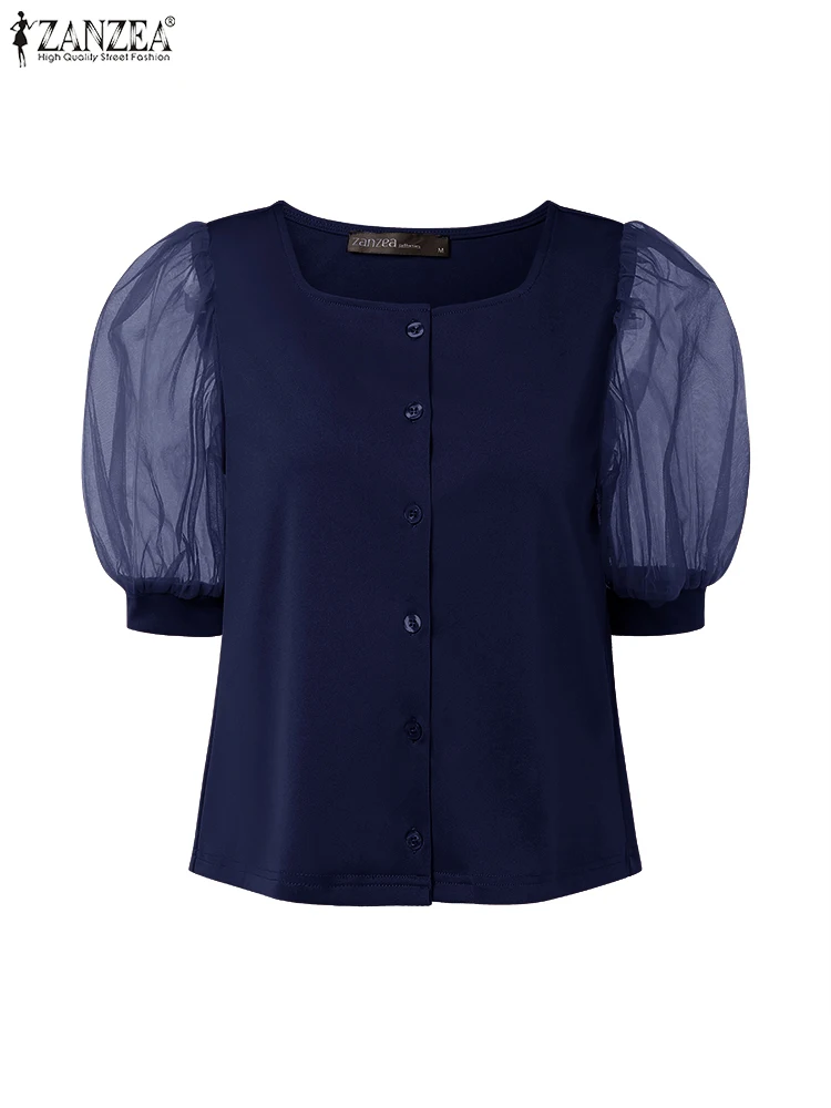 เสื้อขนาดบวก ZANZEA Elegant Office Lady ผู้หญิงตาข่าย Patchwork เสื้อเซ็กซี่สแควร์คอเสื้อลําลองเสื้อแฟชั่น 5XL