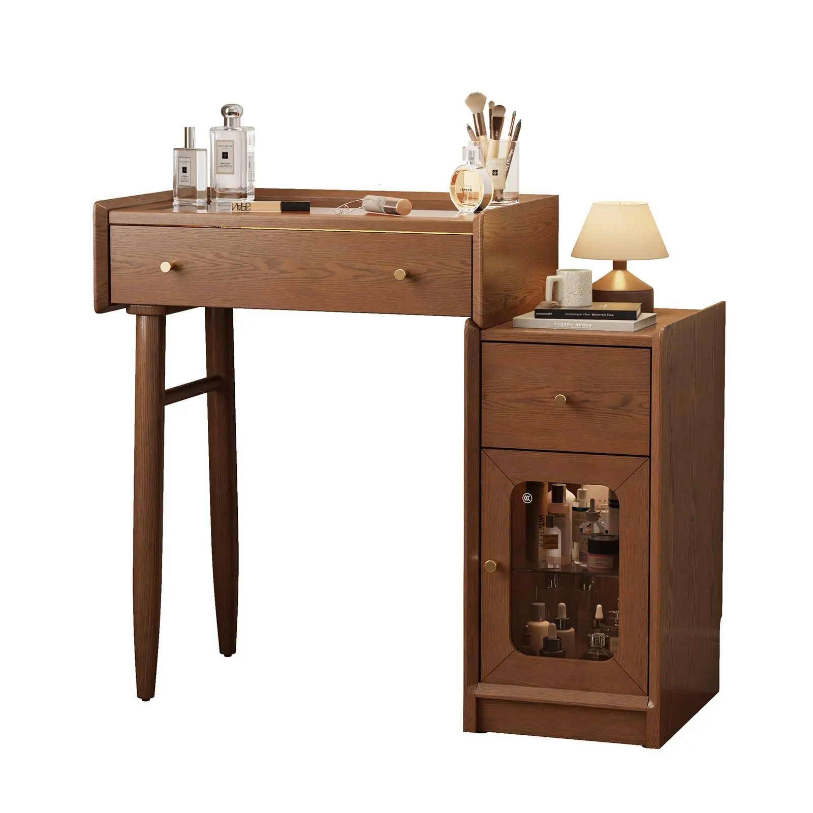 Luxury 100% Solid Wood Vanity Desk Mid-Century Modern Wooden Makeup Table with Glass Top & Ambient Light, 2-in-1 Vanity