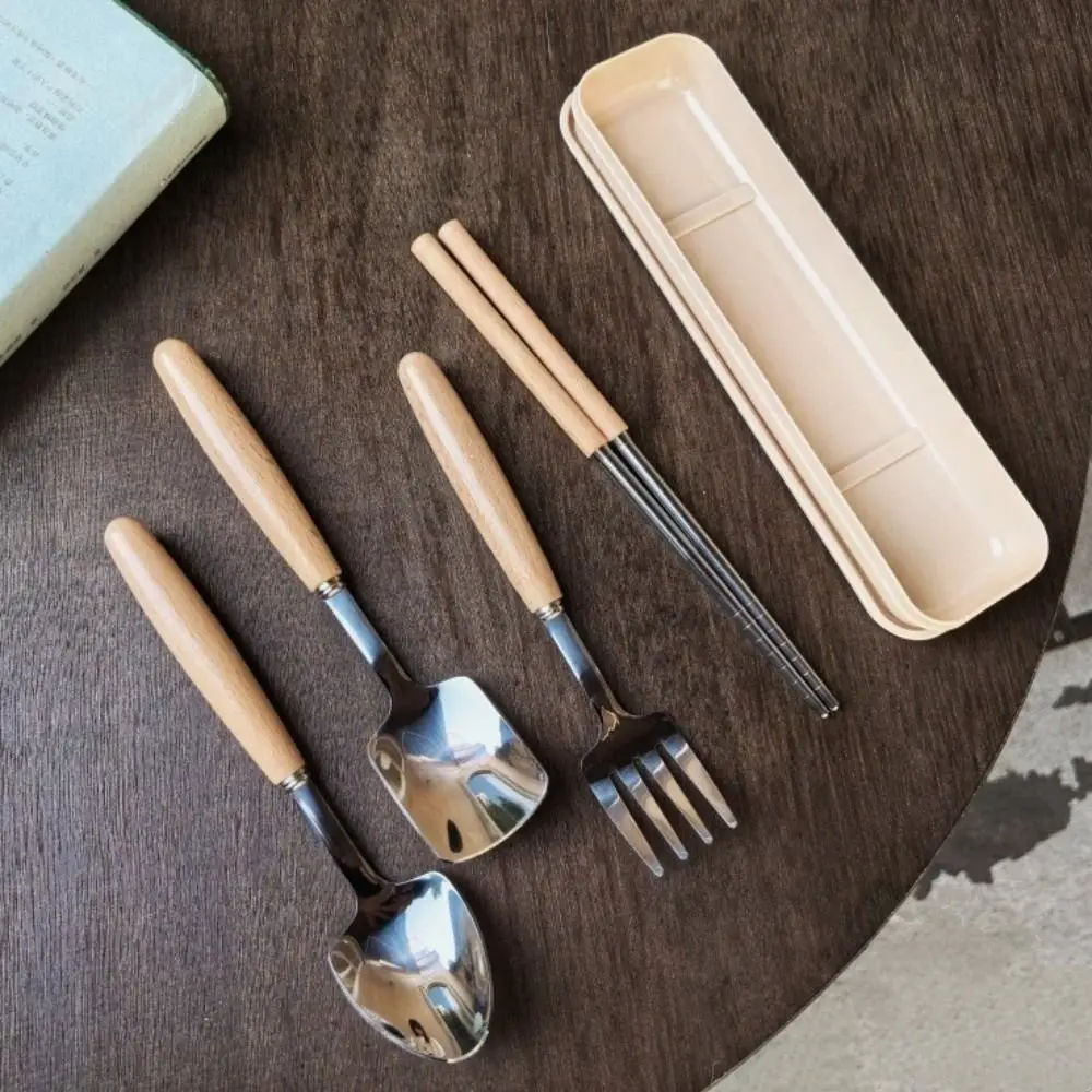 

Stainless Steel Wood Spoon Fork Chopsticks Wooden Handles Anti-Fall Coffee Dessert Spoon Anti-Scalding Portable Wooden Rice Soup