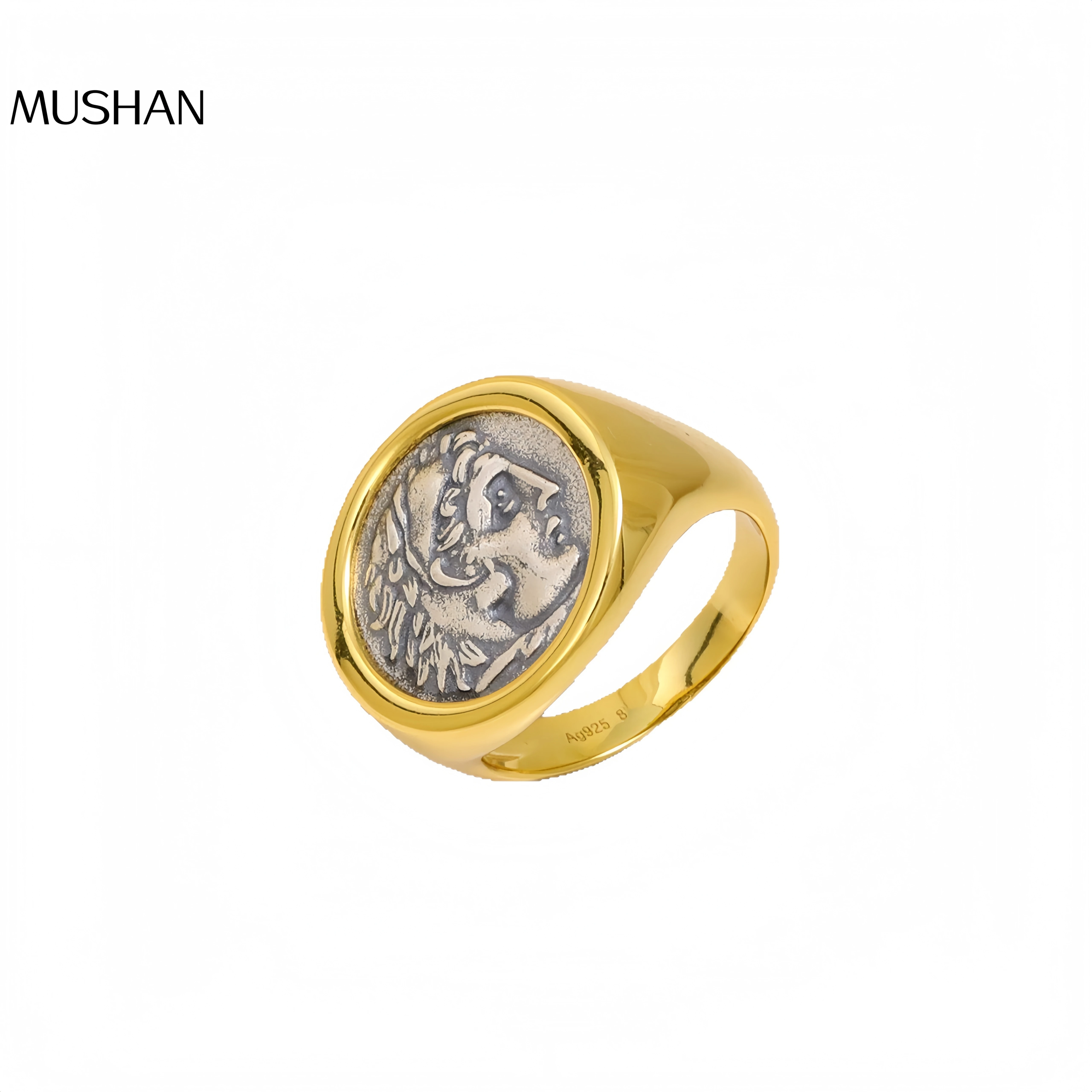 العلامة التجارية Mushan الفاخرة الأكثر مبيعاً على Xiaohongshu، خاتم العملة القديمة هرقل S925 مجوهرات الفضة الاسترليني