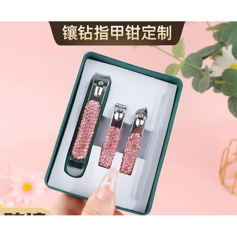 Diamond Studded Splash Proof Nail Clipper Set - Four Piece Precision Flat Mouth Pedicure Tools with Box for Home Use