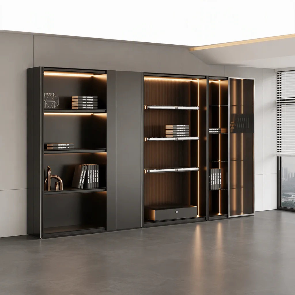 High End Custom Office Storage Cabinet Luxury Wooden Veneer Bookshelf Glass Display File Cabinet for Manager Office