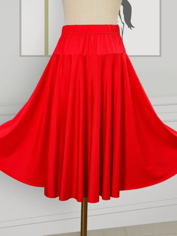 Solid Color Latin Dance Practice Belly Wear Competition Skirts Jazz Mesh Costume Halloween Women High Waist Waltz Elegant Skirt