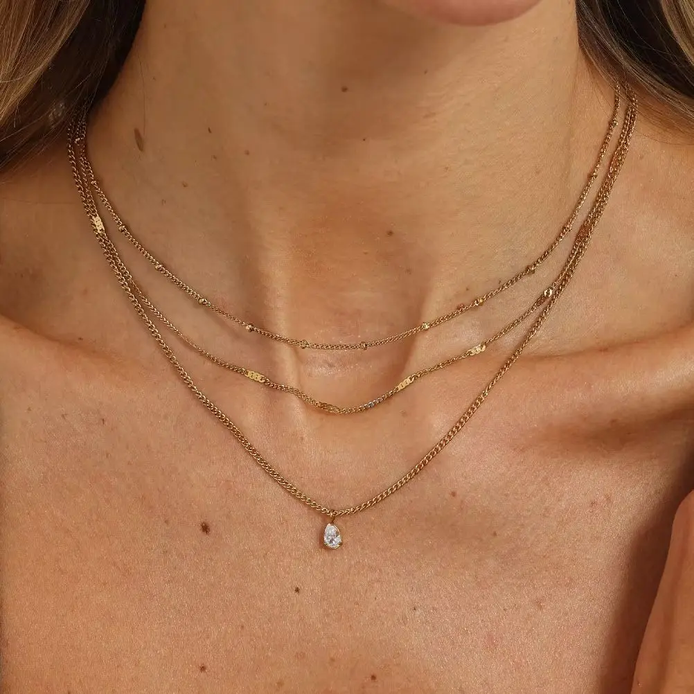 Ingemark Trendy Multiple Layer 18K Gold Plated Stainless Steel Zircon Pendant Necklace Exquisite Waterproof Women Jewelry Gifts