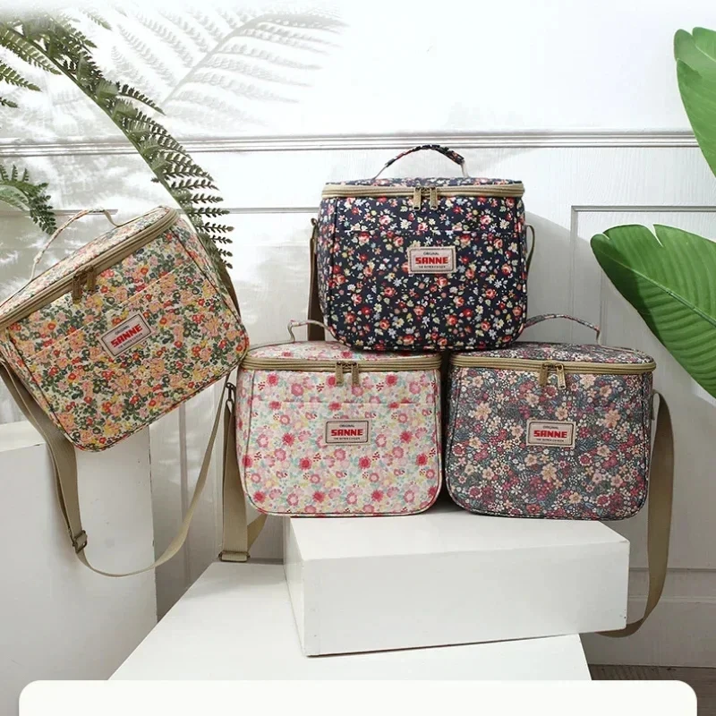 Floral Printed Lunch Bag Thermal Insulation Large Capacity Handbag Cute Picnic Drinks Lunch Box Storage Bag Portable Lunch Pouch