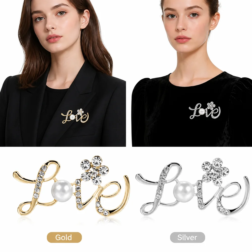 Faux Pearl Love Letter Brooch Rhinestone Decorative Cardigan Clip Sparkling Safety Pin Back Scarf Adjuster Coats Jackets Hats