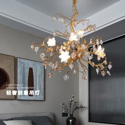American style countryside flower pendant light luxury postmodern bedroom light crystal full copper branch leaf pendant light