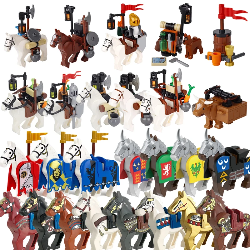 Medieval Transport Carriage Building Block Castle Knight Warhorse Blue Eagle Army Equipment Farm Scene Tool Accessory Brick Toys