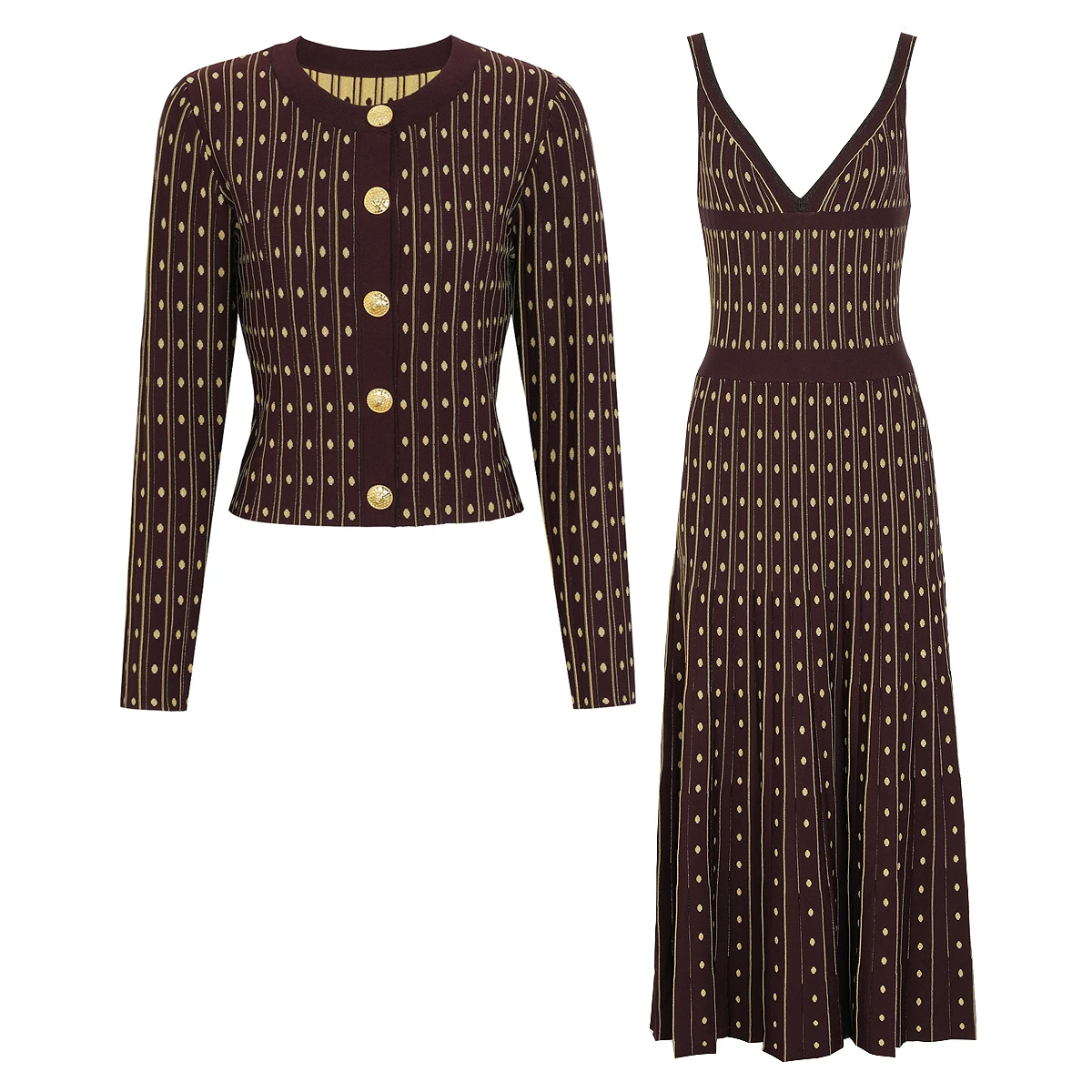 26259 Women Knitted 2‑Piece Outfit, Gold Striped Polka Dot Long Sleeve Cardigan and Slim Fit Camisole Dress Set