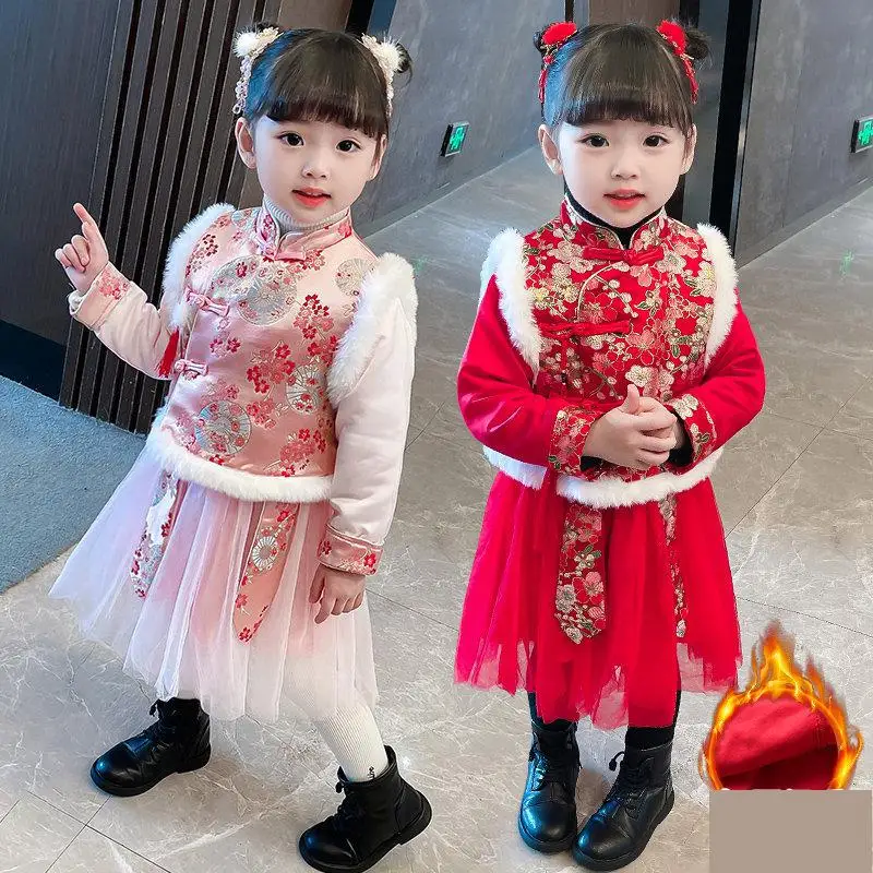 Autunm Winter Girls New Year Dress Kids Cotton Embroidery Tang Suit Children Chinese Lovely Cotton-padded Clothes