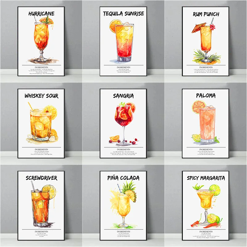 Póster de cóctel de Hurricane Mojito Negroni Pisco Sour Sazerac Bar, imágenes artísticas de pared impresas, pintura en lienzo para habitación, regalo de decoración del hogar