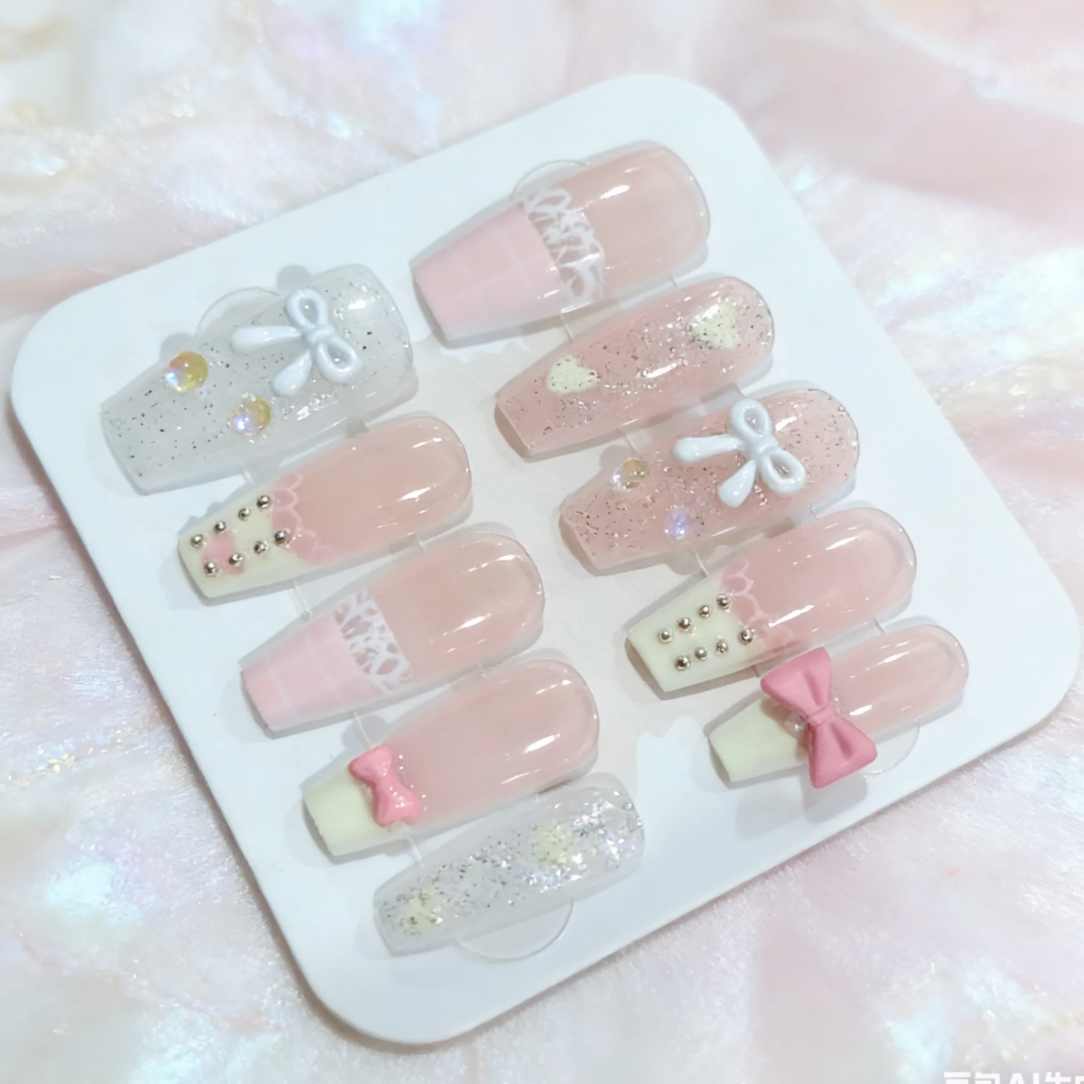

10 pieces of hand-pressed coffin-shaped nails, beautiful fake nails, with pink bowknots for girls, suitable for ladies to use