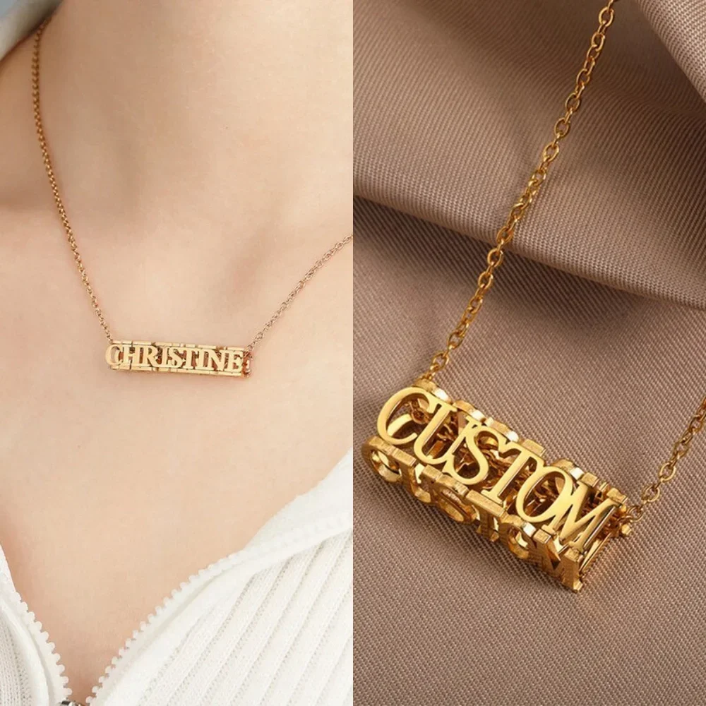 Custom Name Necklace for Woman Four-sided Three-dimensional Letter Pendant Necklace Gold Stainless Steel Jewelry Luxurious Gift