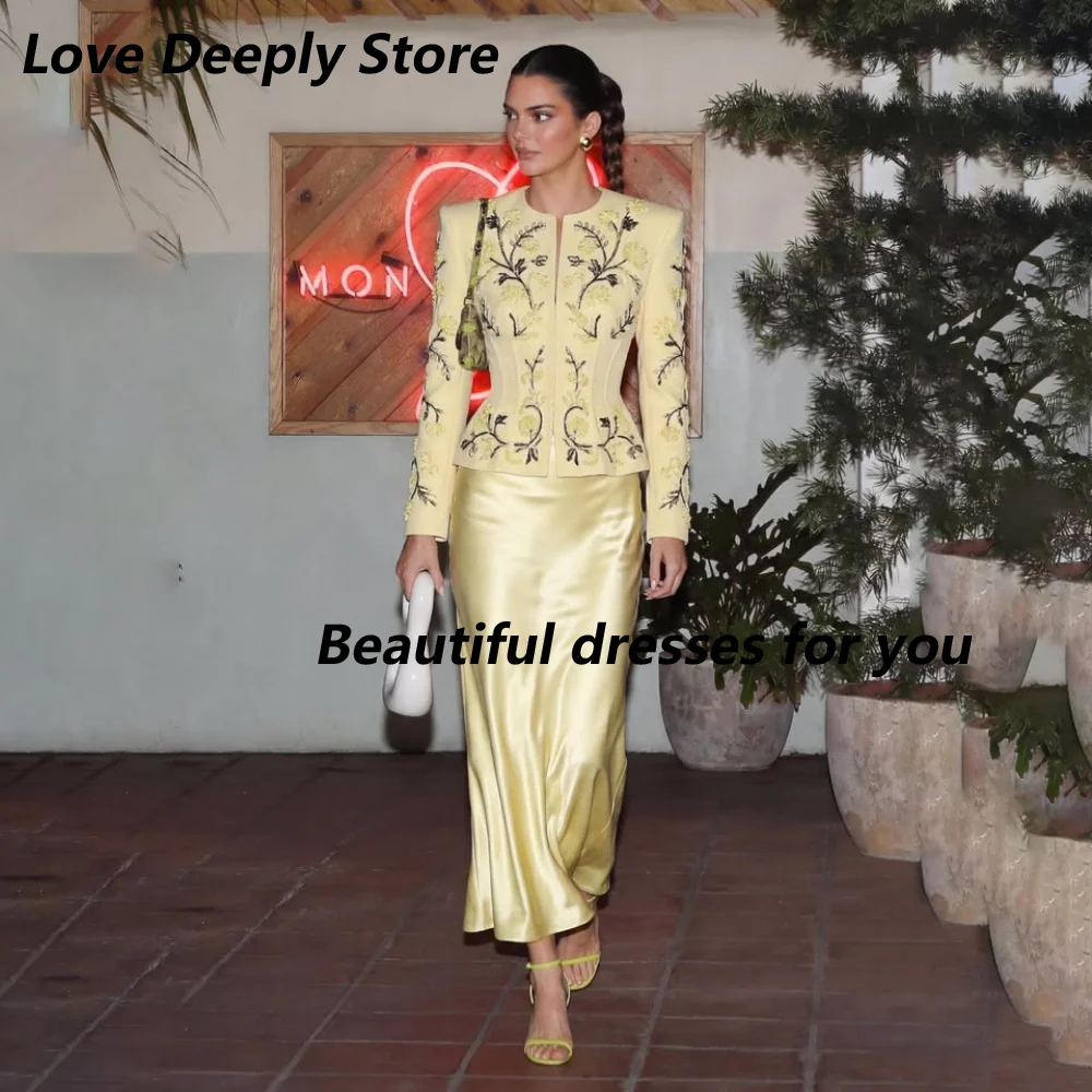Customized Yellow Two Piece Mother Of Bride Dresses Embroidered Corset Jacket Satin Midi Skirt Formal Wedding Guest Dress