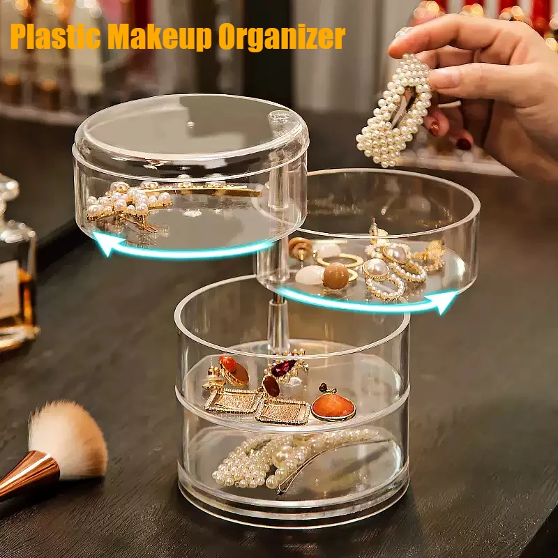 

Rotating Jewelry Storage Box Makeup Storage Rack Bracelet Earring Round Plastic Organizer Boxes Holder Display Rack with Cover