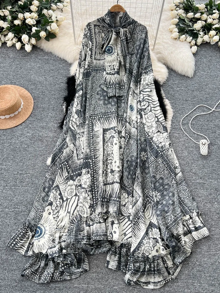 Faionable Large Print Dr Women's Lazy High-End Feeling  Knot Tie Fur Patchwork Cover up Print Long Dr