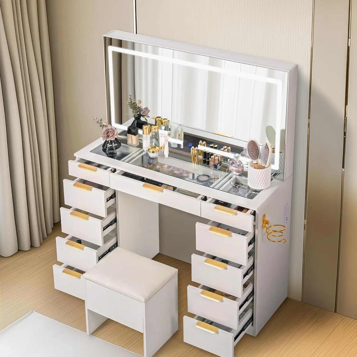 Pamapic 11-Drawer Vanity Desk with Large LED Mirror, 3 Lighting Modes, Charging Station, Chair & Portable Vanity, White