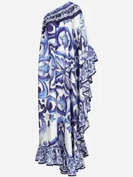 Summer Long Dress Women Runway Blue And White Porcelain Asymmetry Sexy Off The Shoulder Ruffles Hem Loose Robe Maxi Vestidos