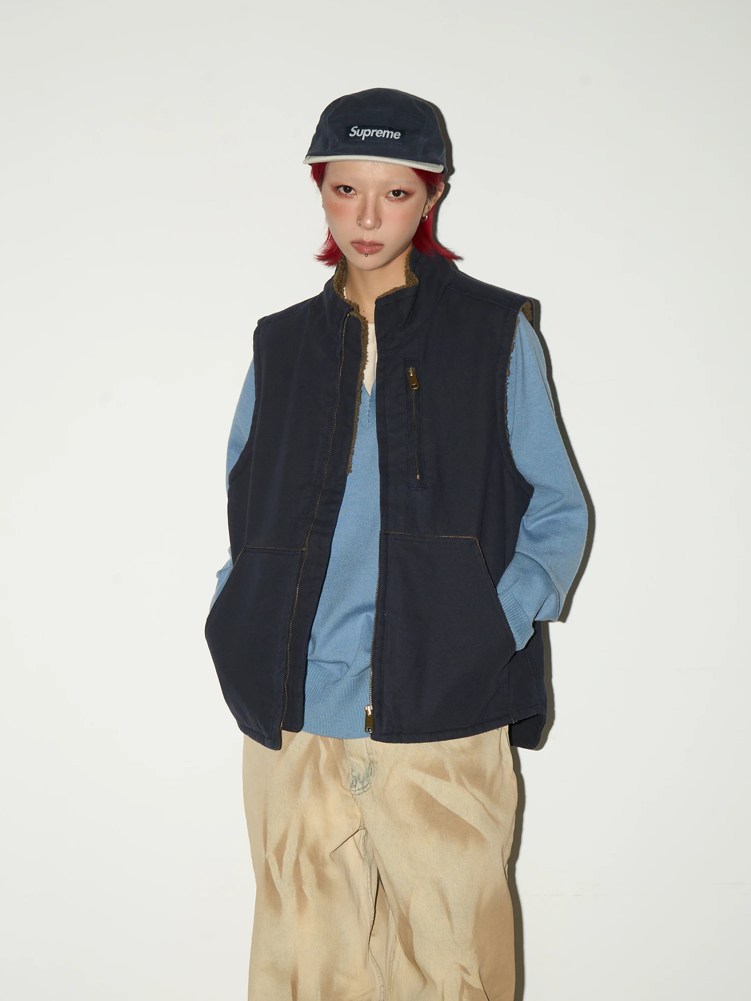 

MICHINNYON Lamb Fur Collar Thiened Casual Vest Zipper Svel Loose Outerwear for Men And Women