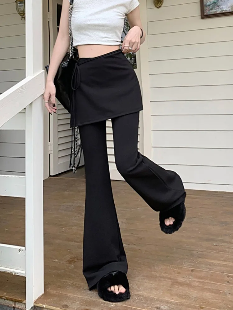 Chic Women Pants Fake Two Piece Patchwork High Waist Slim Flare Pants Black Streetwear Female Fashion Long Trouser