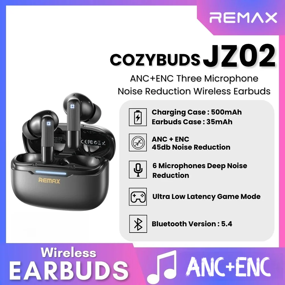 

REMAX ANC+ENC Earphones 6 Mics Noise Reduction 500mAh Big Battery Cozypods JZ02 Wireless Bluetooth Gaming Earbuds Music HD Call