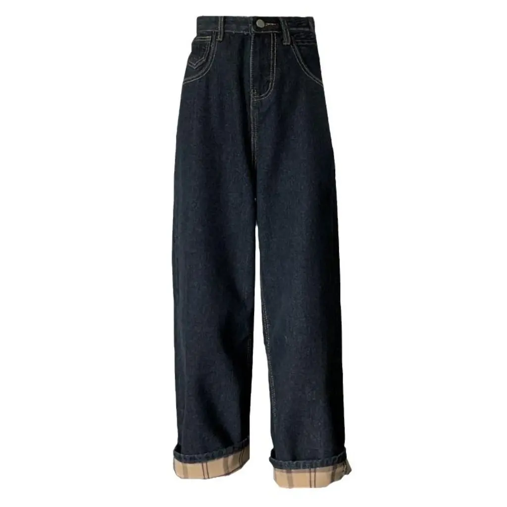 

Women's plus Size Fleece-Lined Thickened Straight Jeans Autumn Winter Slimming Wide Leg Dad Pants Academy Style