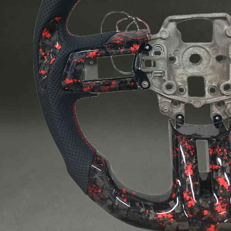 Red Forged Carbon Fiber Steering Wheel for Mustang 2015 2016 2017 2018 2019 2020 with LED Display Thumb Patch with Flat Bottom view 3