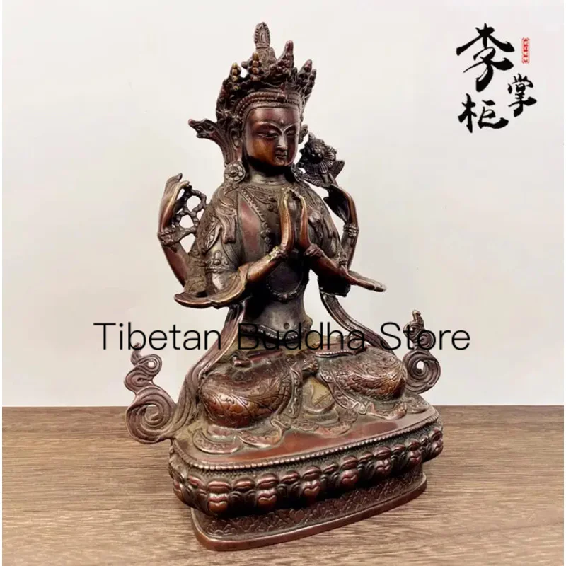 23cm Pure copper four armed Guanyin Buddha statue ornament in Tibetan esoteric Buddhism, purple copper statue