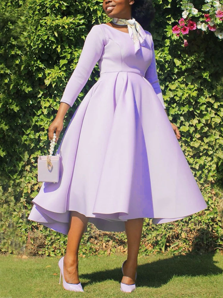 

2023 Autumen New Women Lavender A-Line Dress O Neck Long Sleeve Slim Elegant Pleated Robes African Female Prom Party Clothing