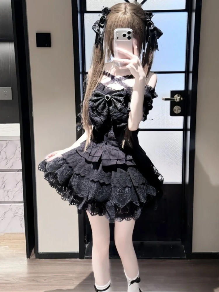 Japanese Retro Bow Slim Puff Sleeve T-Shirts + High-waist Lace Cake Skirt Suit Summer New Dark Academic Style 2-piece Set Women image 3